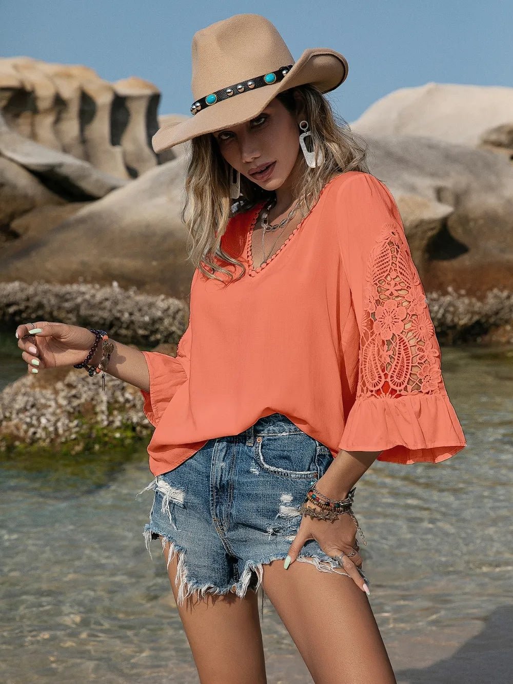 Lace Detail V - Neck Blouse - Home Sweet Resale