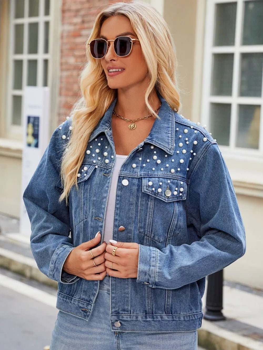Pearl Detail Collared Neck Long Sleeve Denim Jacket - Home Sweet Resale