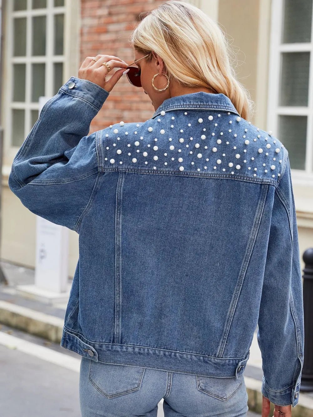 Pearl Detail Collared Neck Long Sleeve Denim Jacket - Home Sweet Resale
