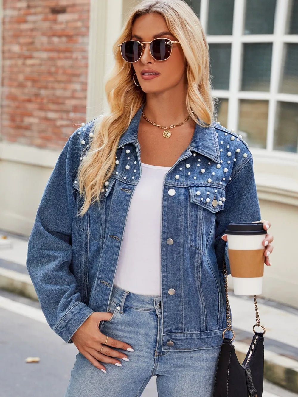 Pearl Detail Collared Neck Long Sleeve Denim Jacket - Home Sweet Resale
