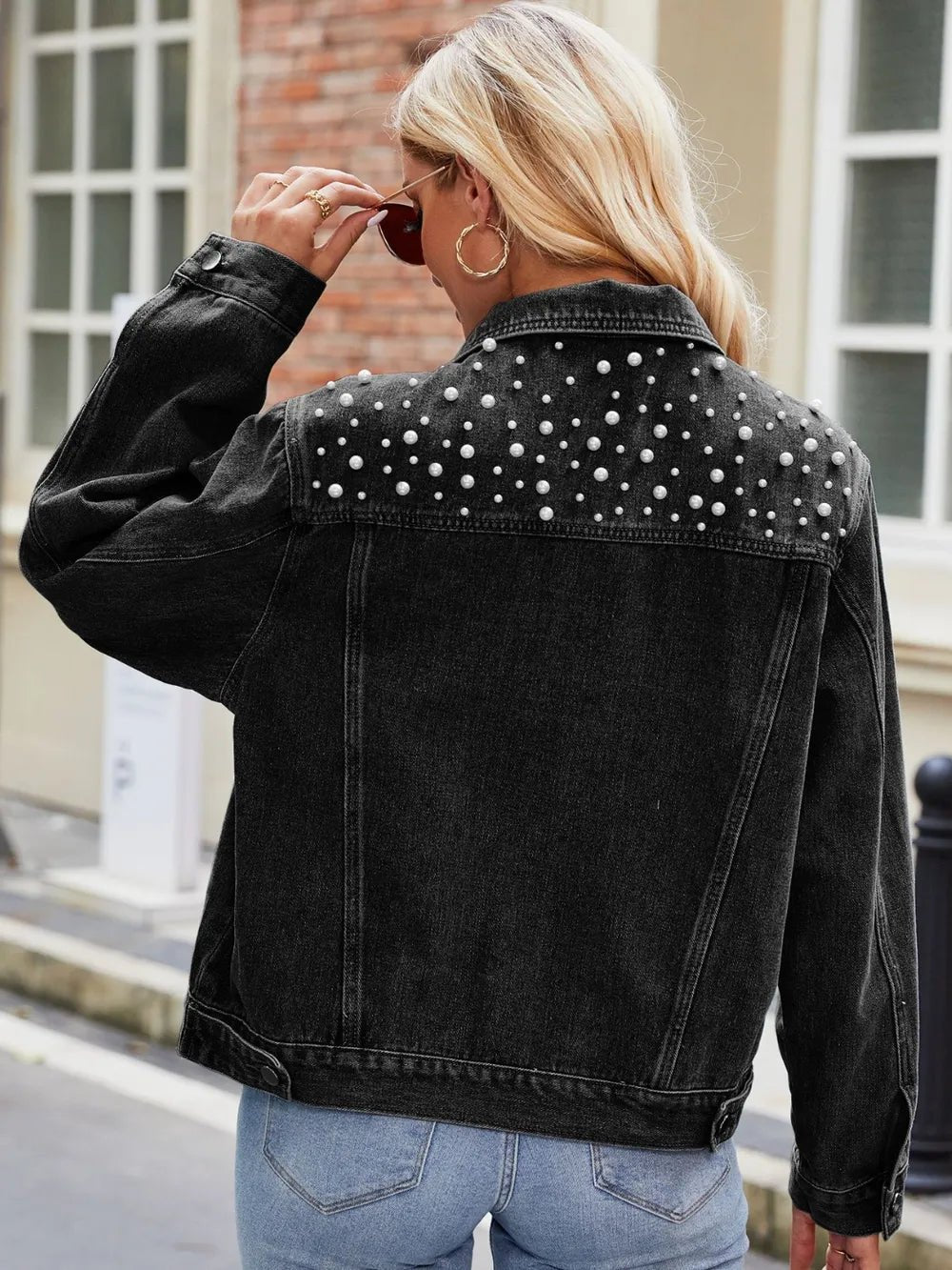 Pearl Detail Collared Neck Long Sleeve Denim Jacket - Home Sweet Resale