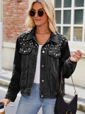 Pearl Detail Collared Neck Long Sleeve Denim Jacket - Home Sweet Resale