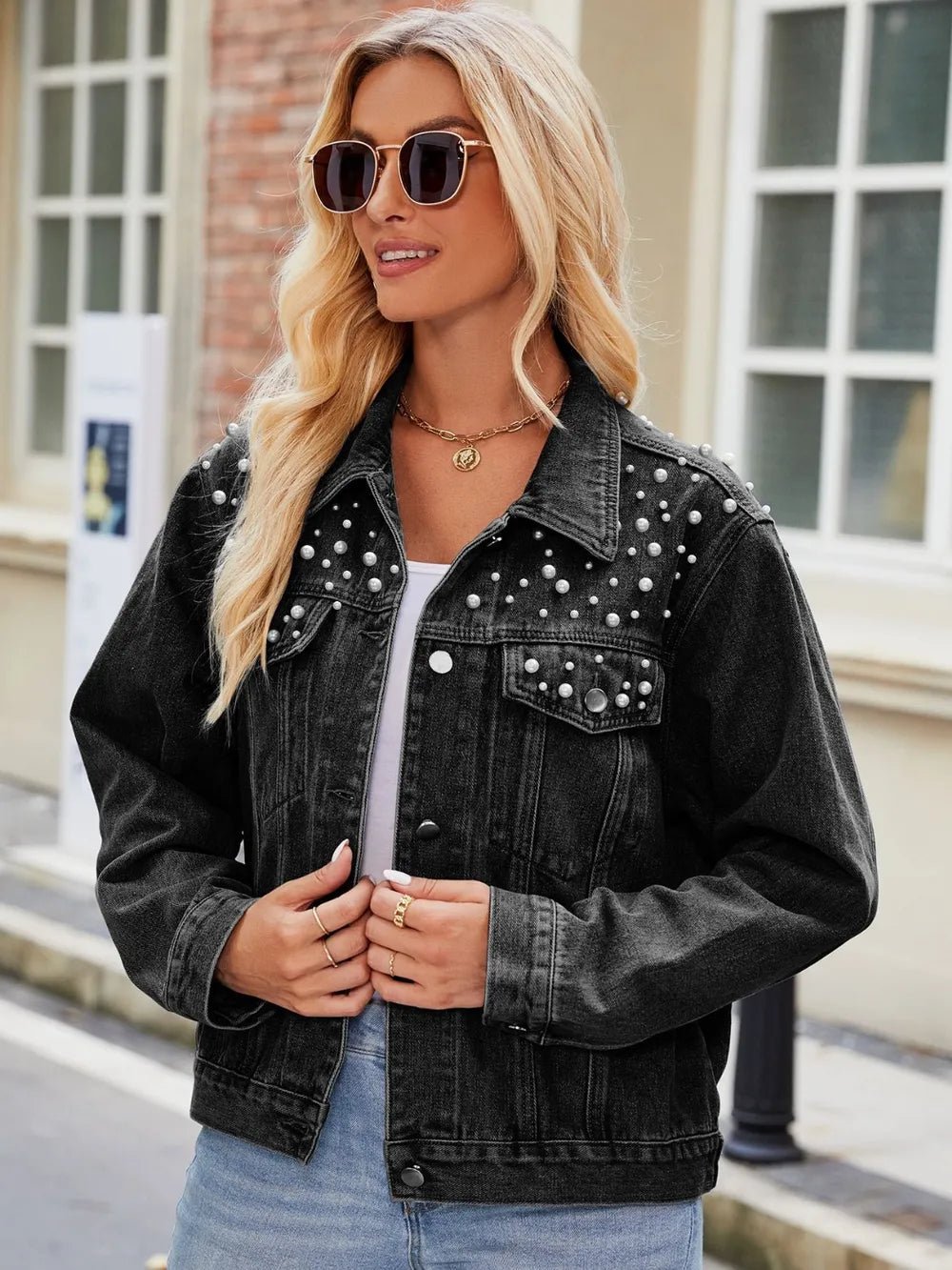 Pearl Detail Collared Neck Long Sleeve Denim Jacket - Home Sweet Resale