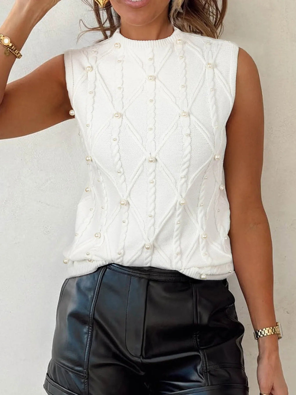Pearled Mock Neck Textured Knit Sweater Vest - Home Sweet Resale