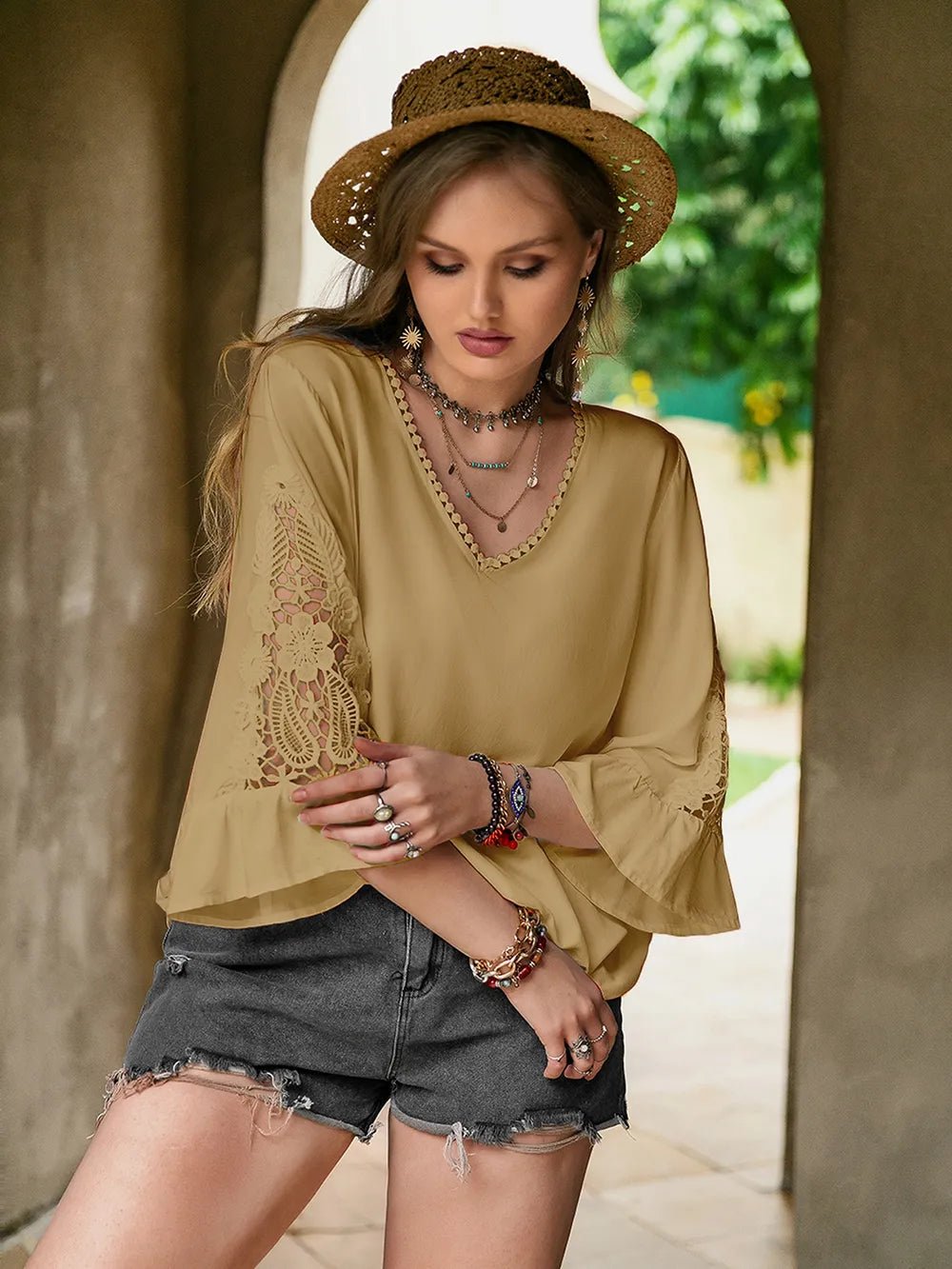 Plus Size Lace Detail V - Neck Flounce Sleeve Blouse - Home Sweet Resale