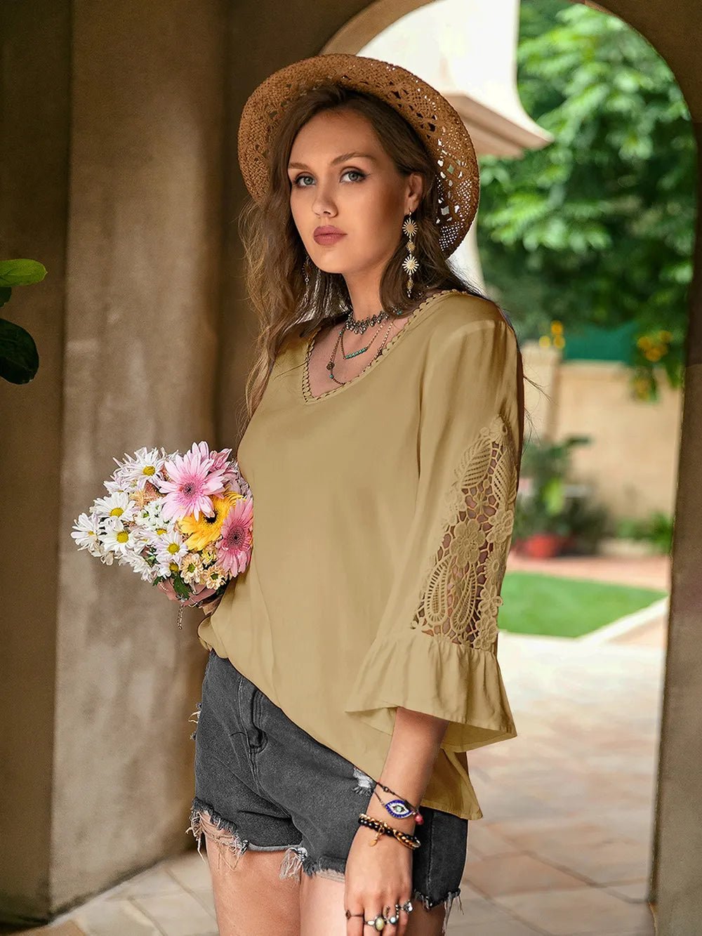 Plus Size Lace Detail V - Neck Flounce Sleeve Blouse - Home Sweet Resale