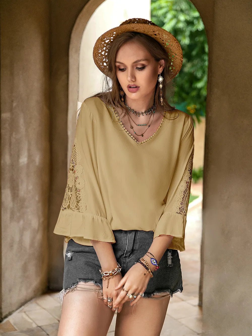 Plus Size Lace Detail V - Neck Flounce Sleeve Blouse - Home Sweet Resale