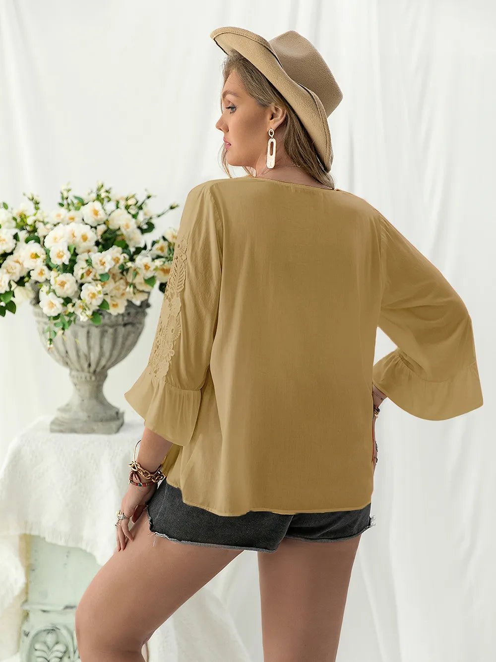 Plus Size Lace Detail V - Neck Flounce Sleeve Blouse - Home Sweet Resale