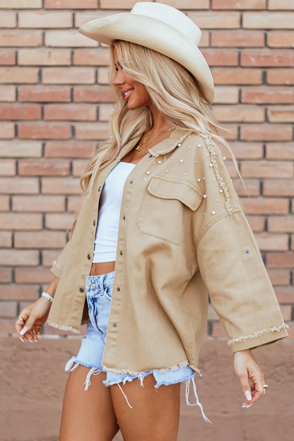 Raw Hem Pearl Trim Dropped Shoulder Denim Jacket - Home Sweet Resale