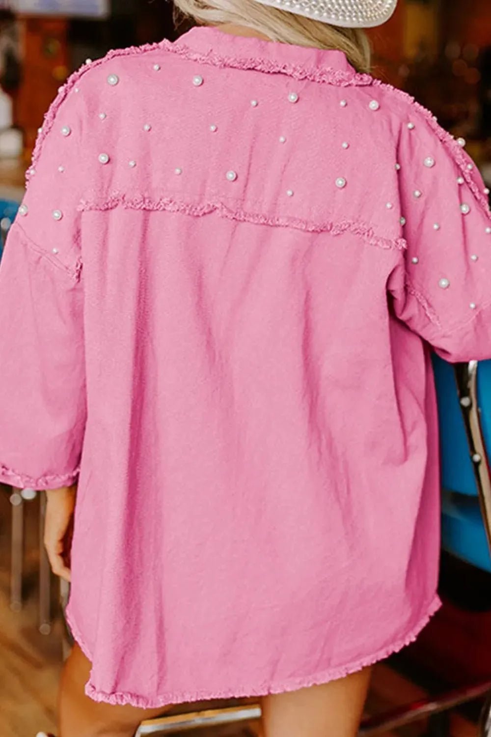 Raw Hem Pearl Trim Dropped Shoulder Denim Jacket - Home Sweet Resale