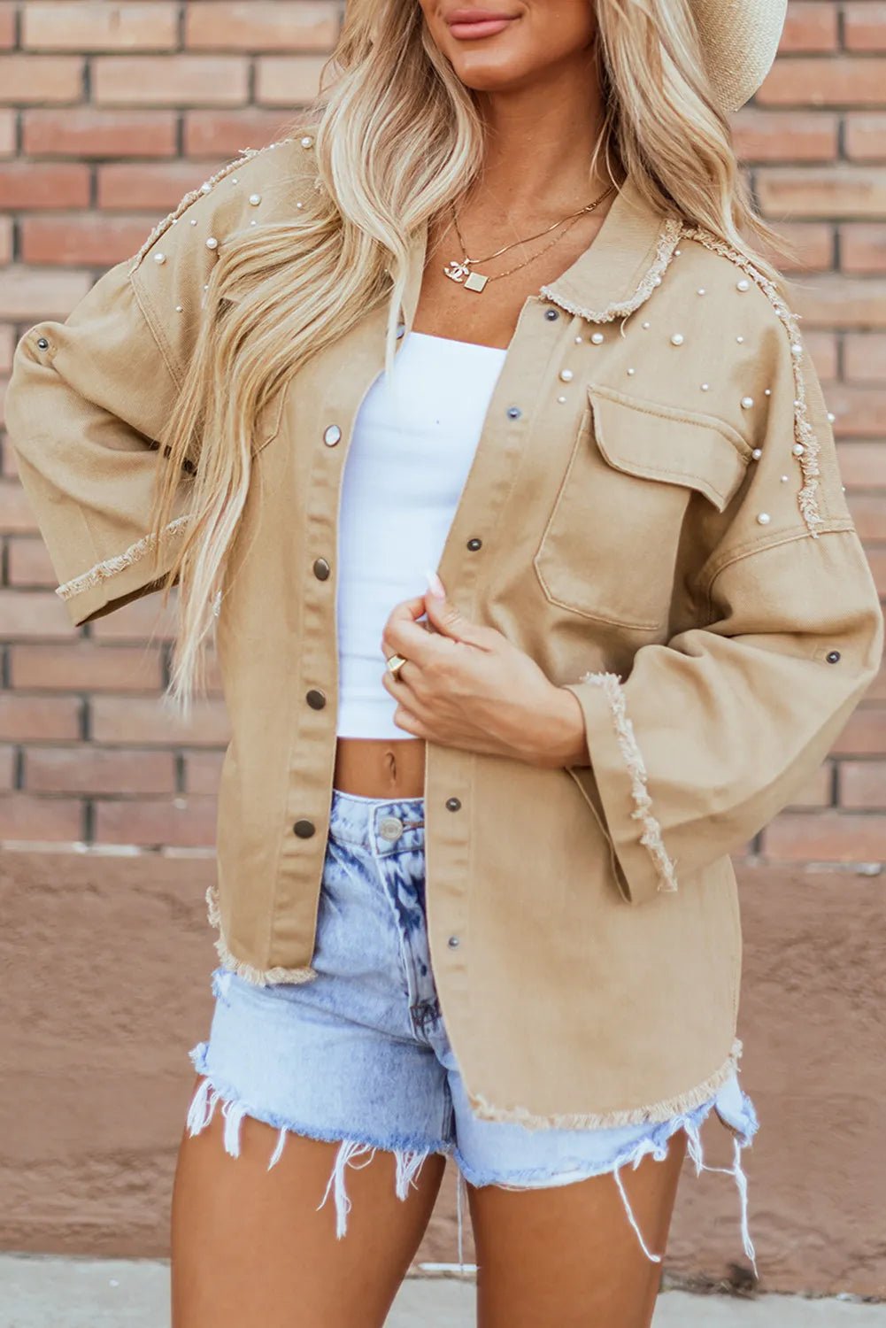 Raw Hem Pearl Trim Dropped Shoulder Denim Jacket - Home Sweet Resale