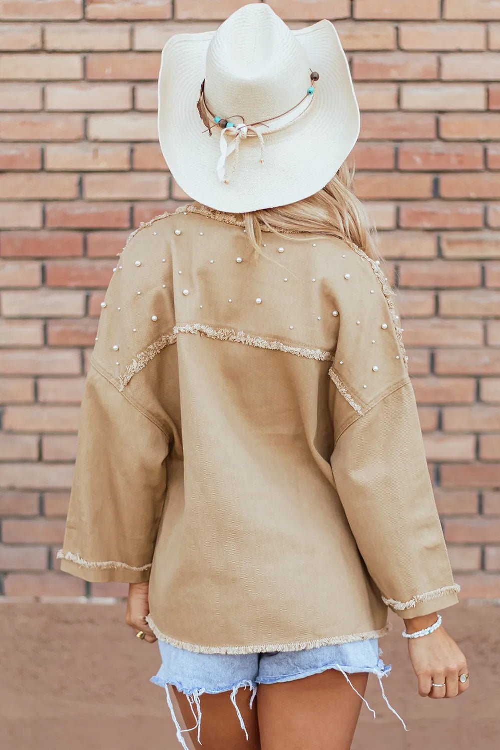 Raw Hem Pearl Trim Dropped Shoulder Denim Jacket - Home Sweet Resale