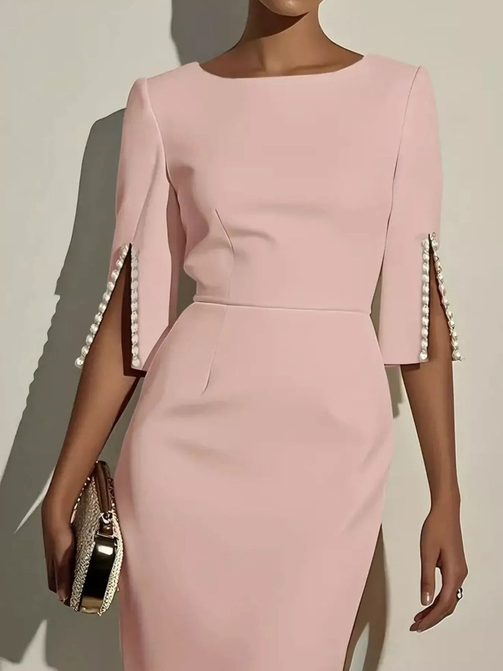 Slim - Fit Elegant Midi Dress with Beaded Slit Sleeve - Home Sweet Resale