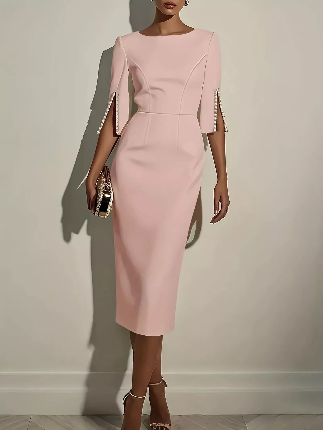 Slim - Fit Elegant Midi Dress with Beaded Slit Sleeve - Home Sweet Resale