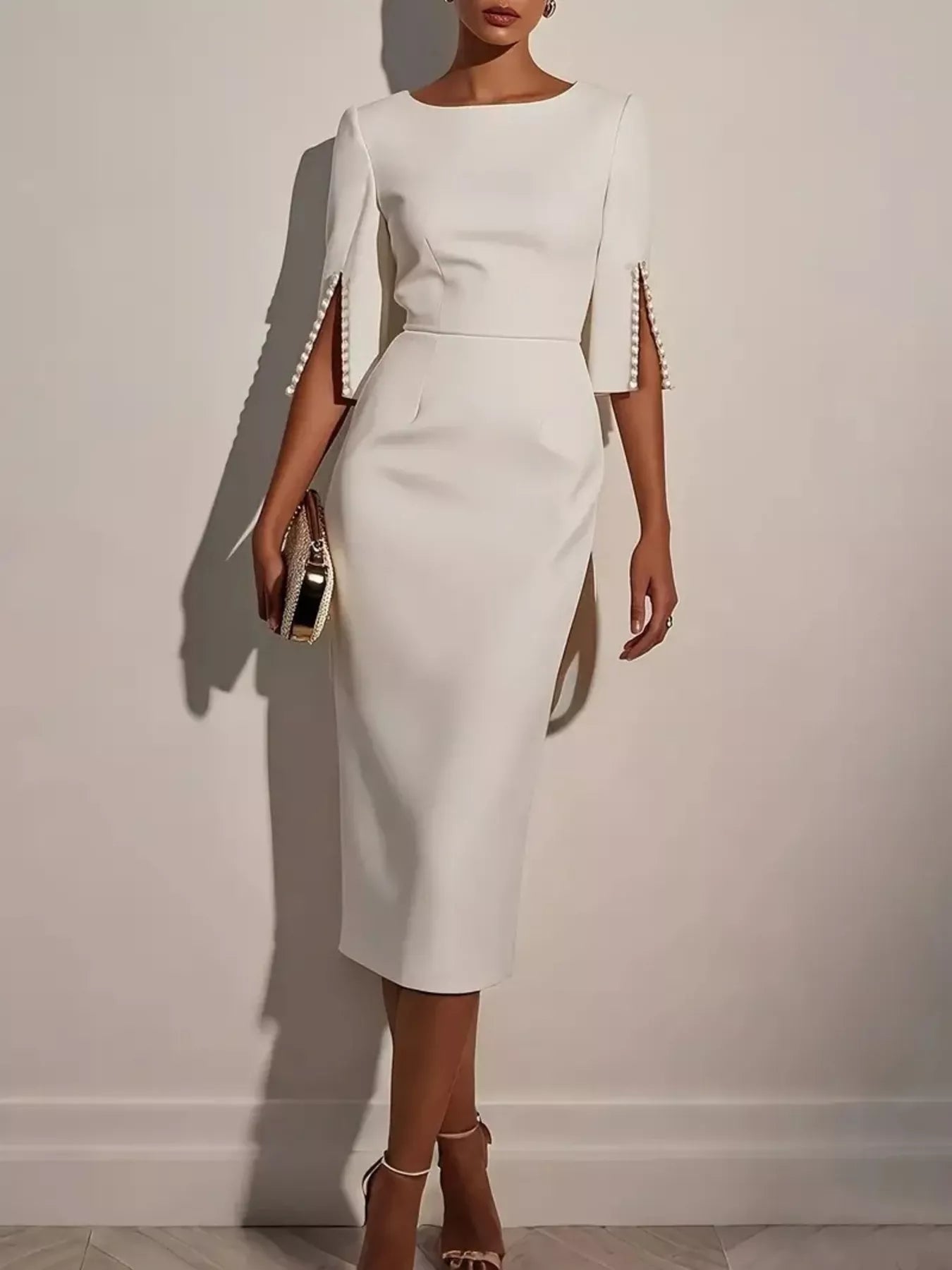 Slim - Fit Elegant Midi Dress with Beaded Slit Sleeve - Home Sweet Resale