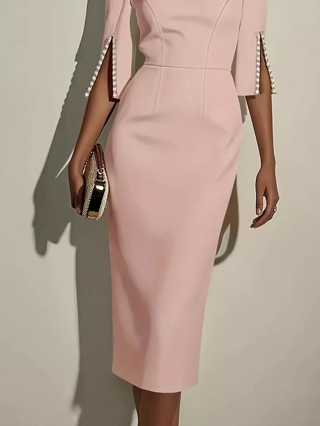 Slim - Fit Elegant Midi Dress with Beaded Slit Sleeve - Home Sweet Resale