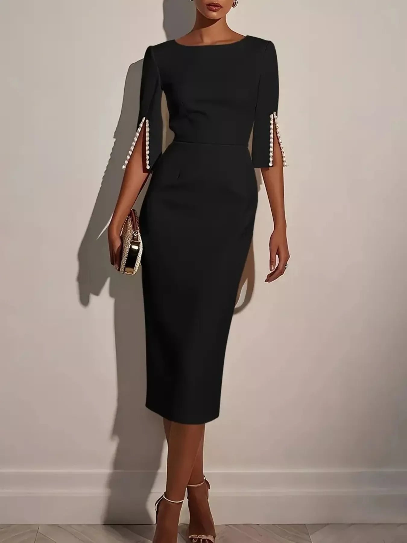 Slim - Fit Elegant Midi Dress with Beaded Slit Sleeve - Home Sweet Resale