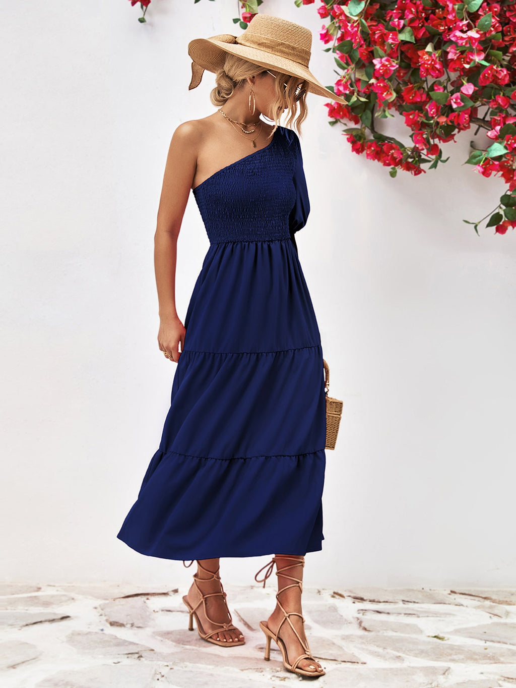 Smocked One - Shoulder Midi Dress - Home Sweet Resale