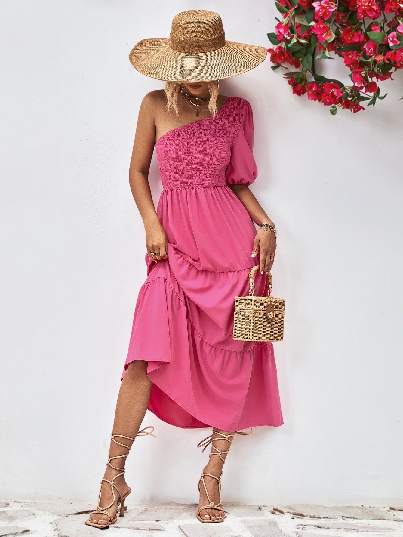 Smocked One - Shoulder Midi Dress - Home Sweet Resale
