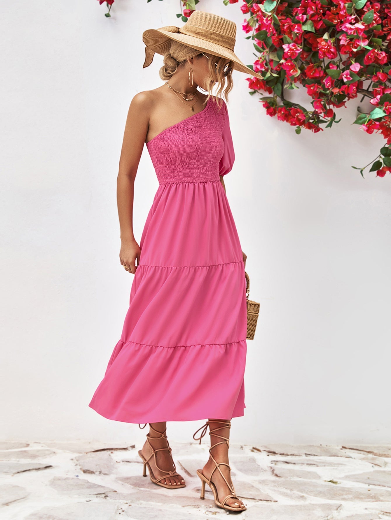 Smocked One - Shoulder Midi Dress - Home Sweet Resale