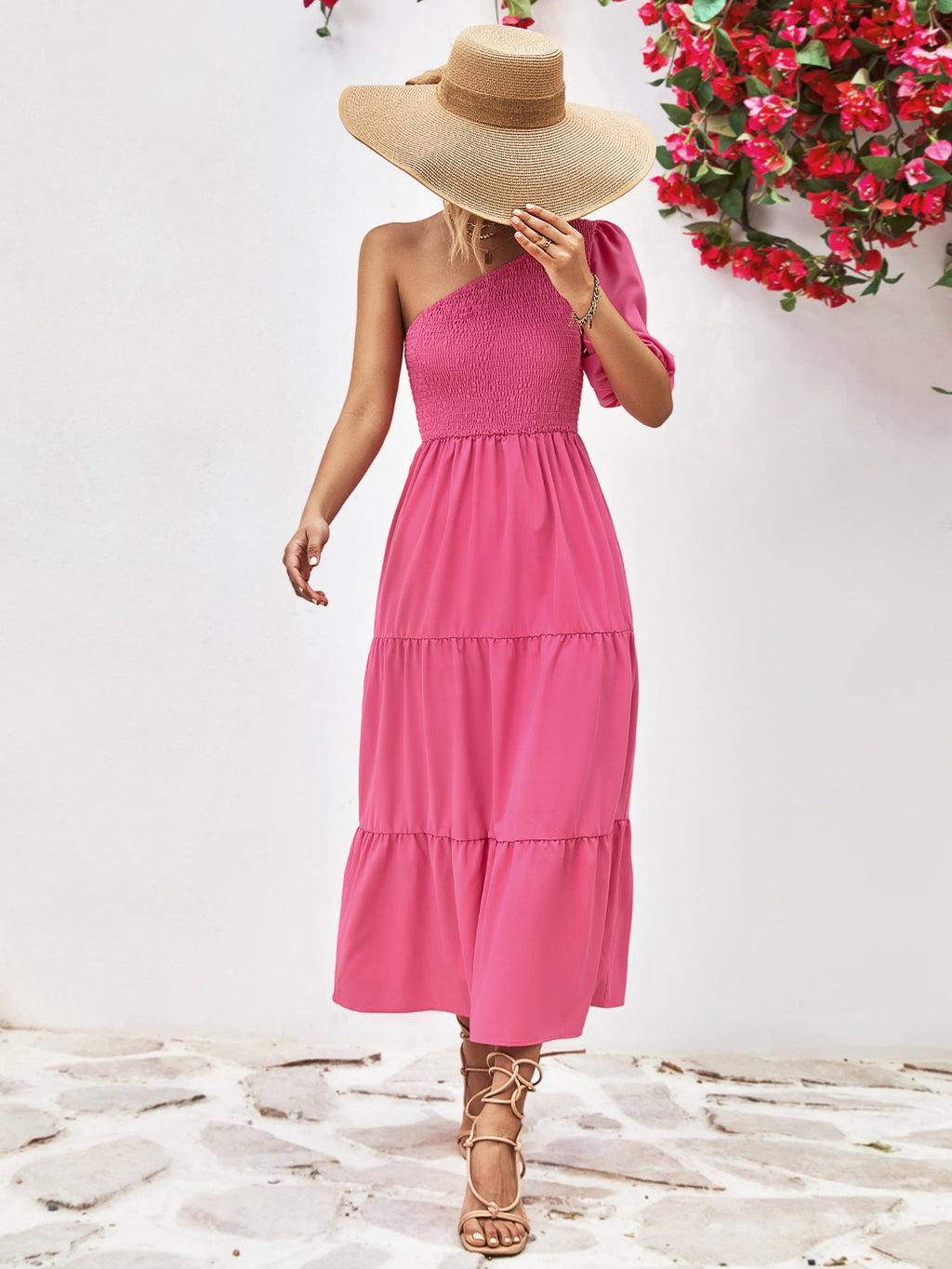 Smocked One - Shoulder Midi Dress - Home Sweet Resale