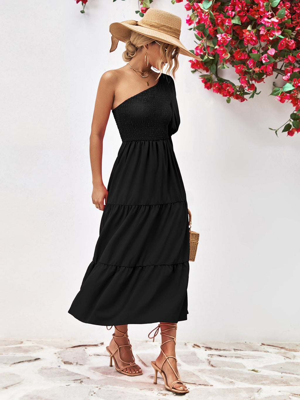 Smocked One - Shoulder Midi Dress - Home Sweet Resale