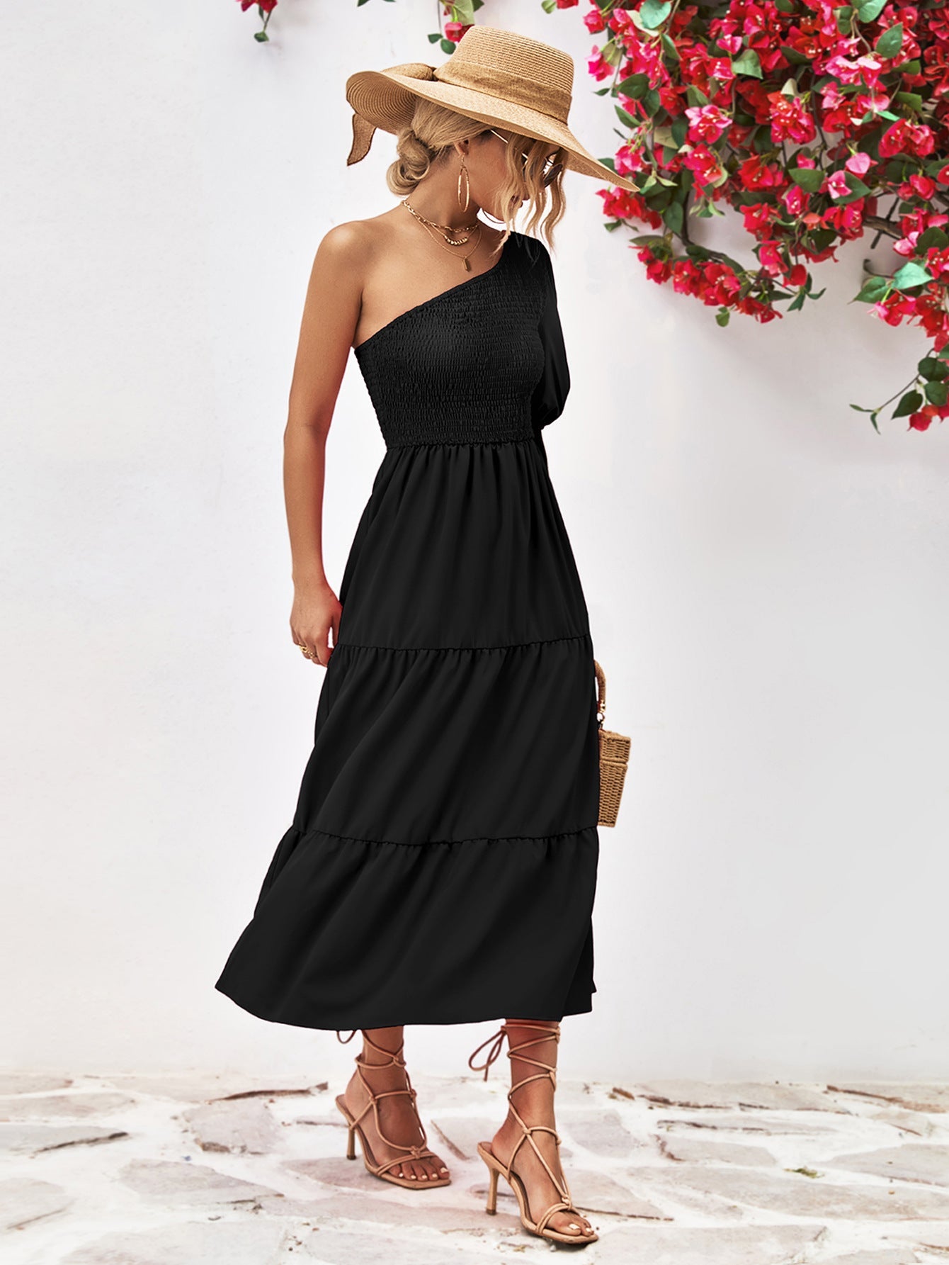 Smocked One - Shoulder Midi Dress - Home Sweet Resale