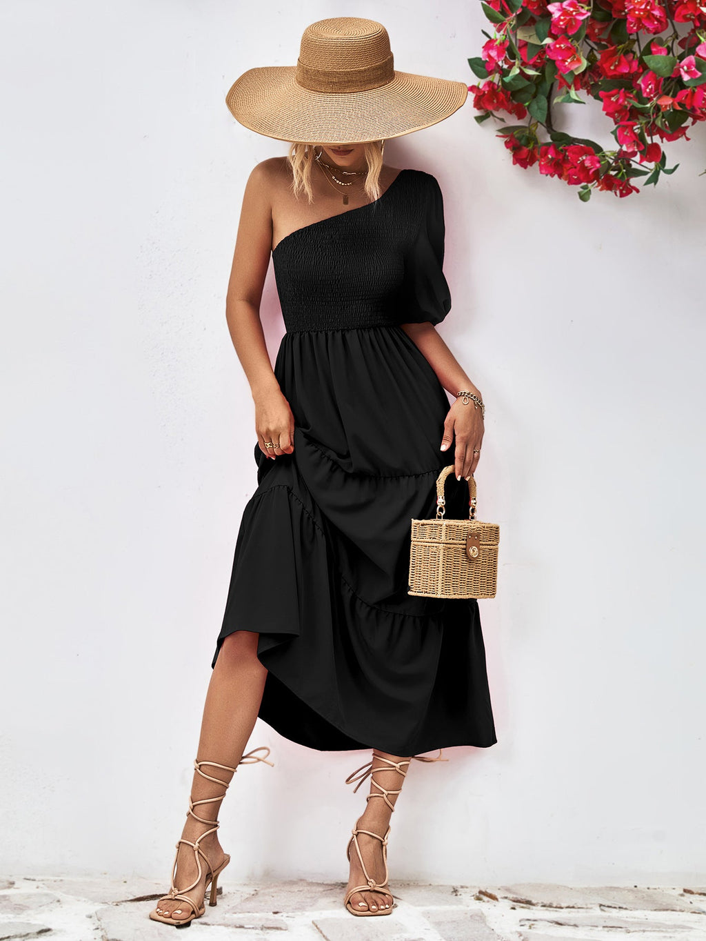 Smocked One - Shoulder Midi Dress - Home Sweet Resale