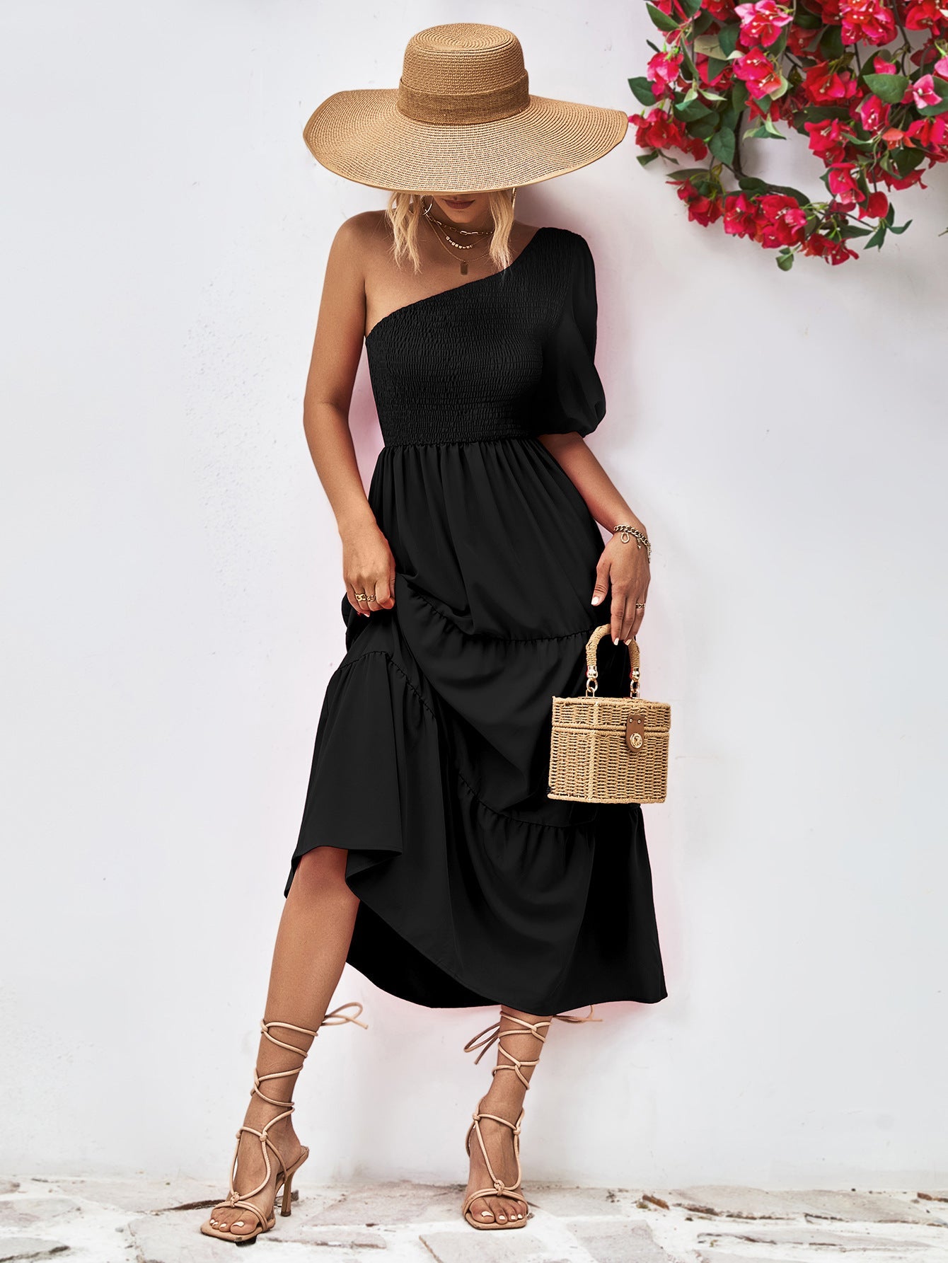 Smocked One - Shoulder Midi Dress - Home Sweet Resale