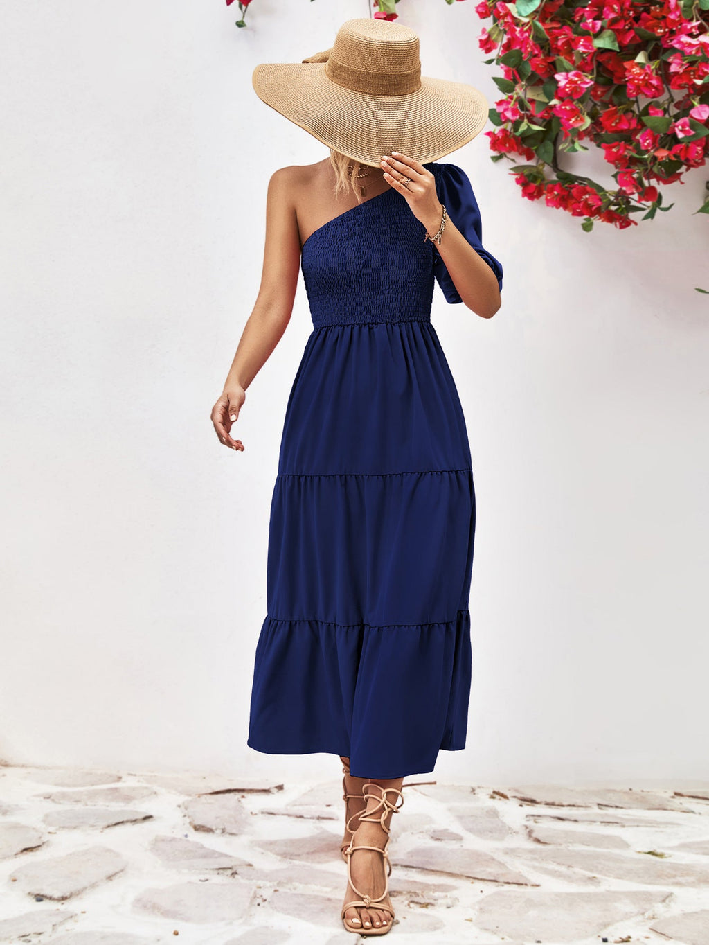 Smocked One - Shoulder Midi Dress - Home Sweet Resale
