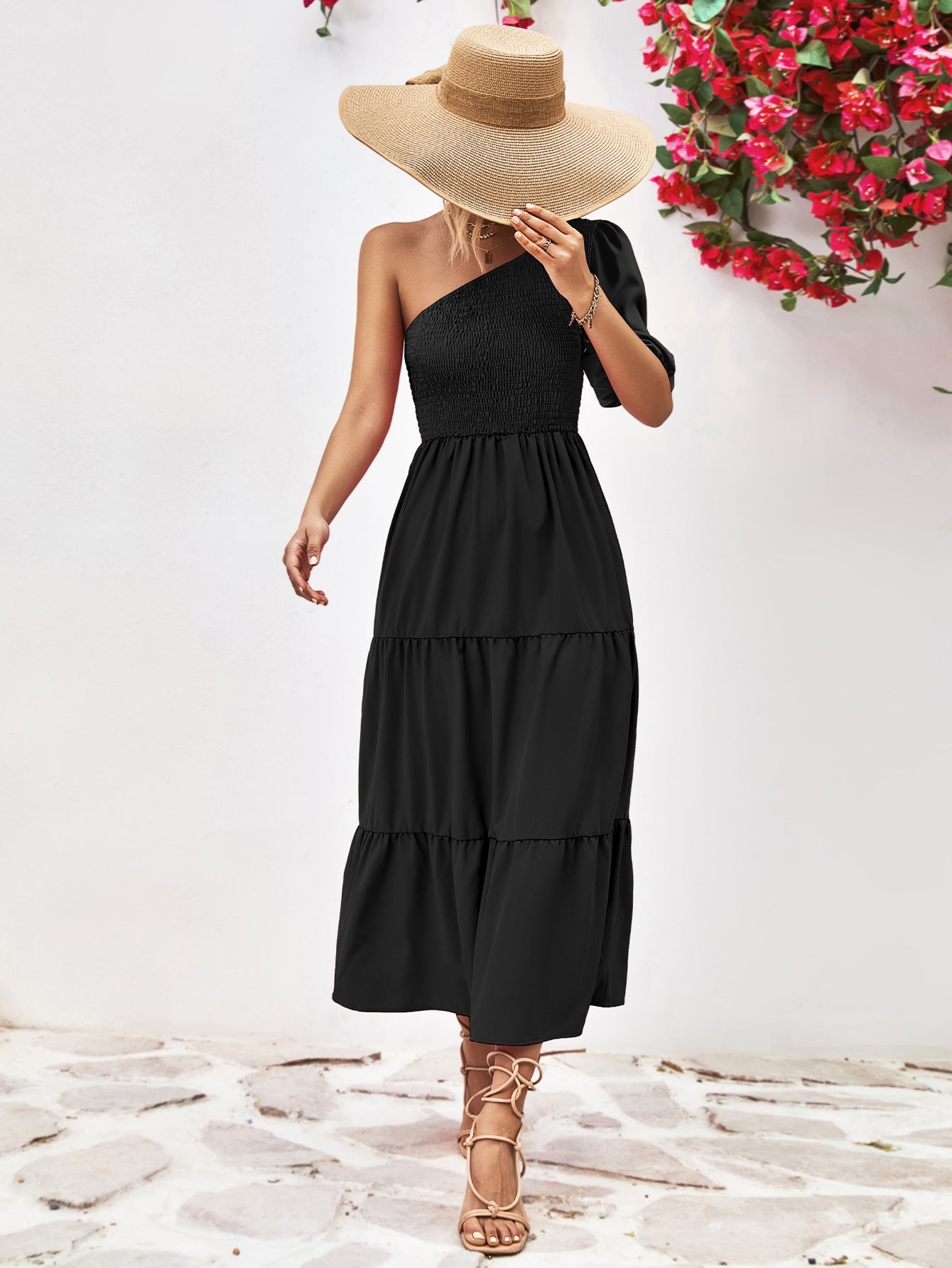 Smocked One - Shoulder Midi Dress - Home Sweet Resale