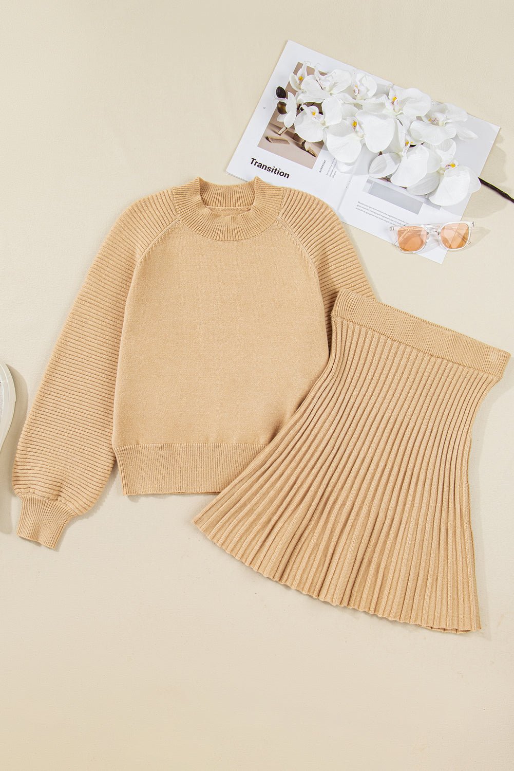Solid High Neck Sweater and Pleated Mini Skirt Set - Home Sweet Resale