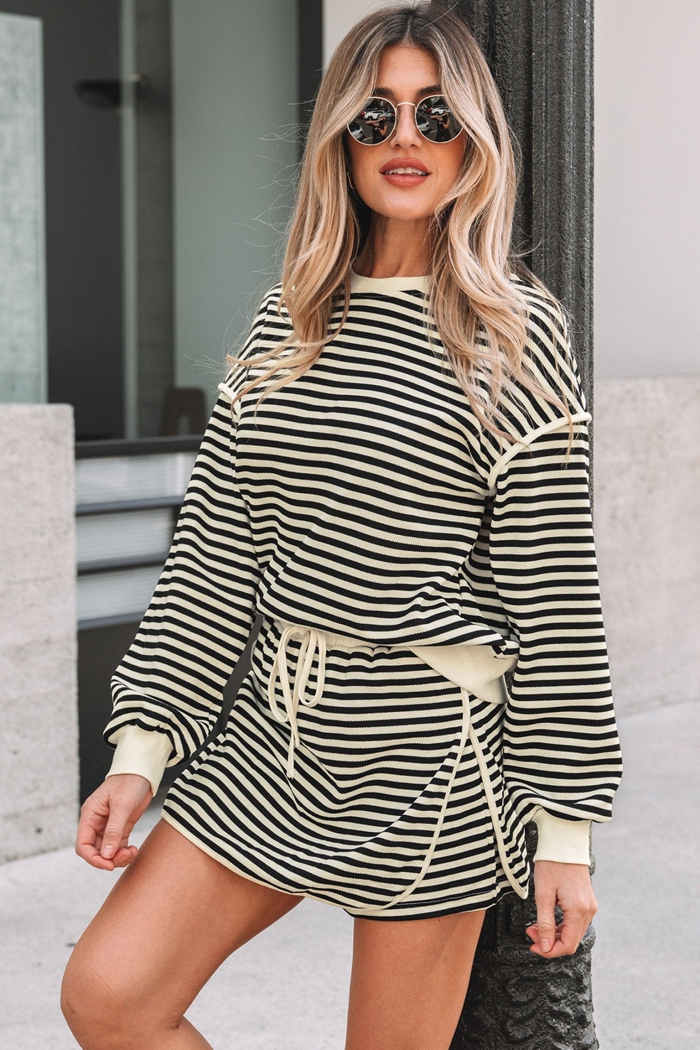 Stripe Textured Pullover Top and Mini Skirt Set - Home Sweet Resale