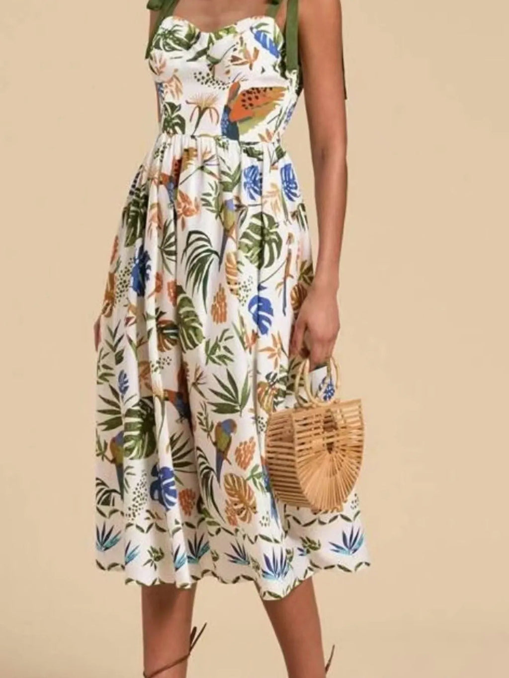 Tropical Print Tie - Shoulder Sweetheart Neck Midi Dress - Home Sweet Resale
