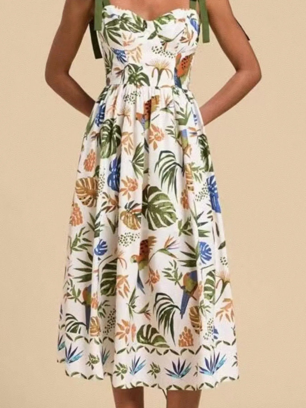 Tropical Print Tie - Shoulder Sweetheart Neck Midi Dress - Home Sweet Resale