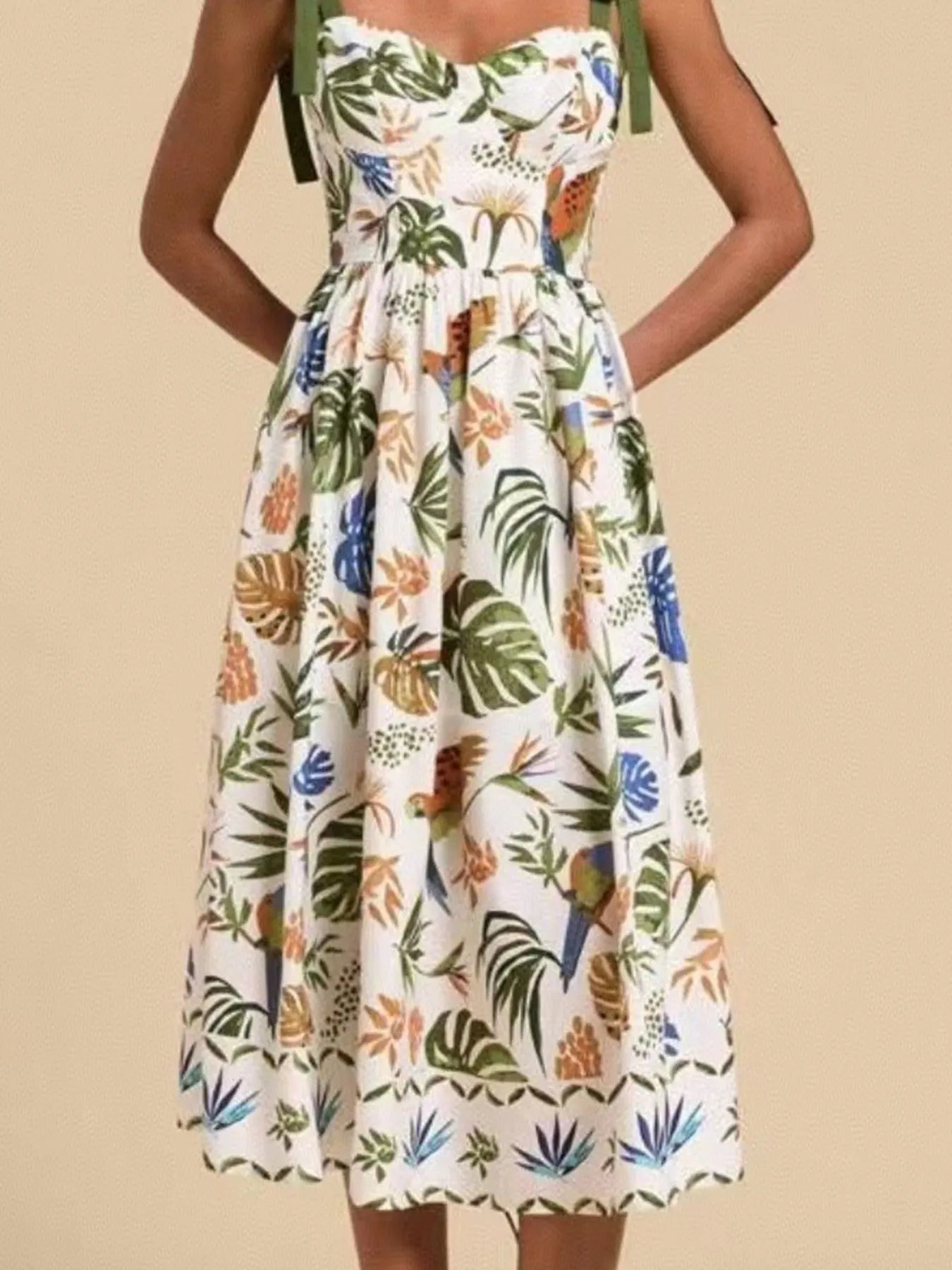 Tropical Print Tie - Shoulder Sweetheart Neck Midi Dress - Home Sweet Resale
