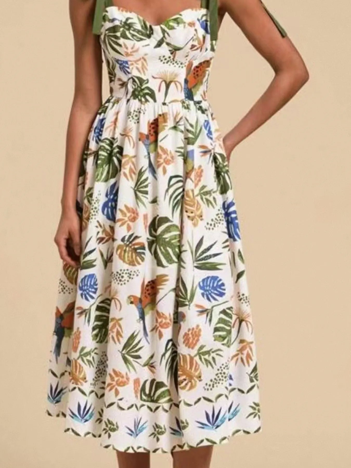 Tropical Print Tie - Shoulder Sweetheart Neck Midi Dress - Home Sweet Resale