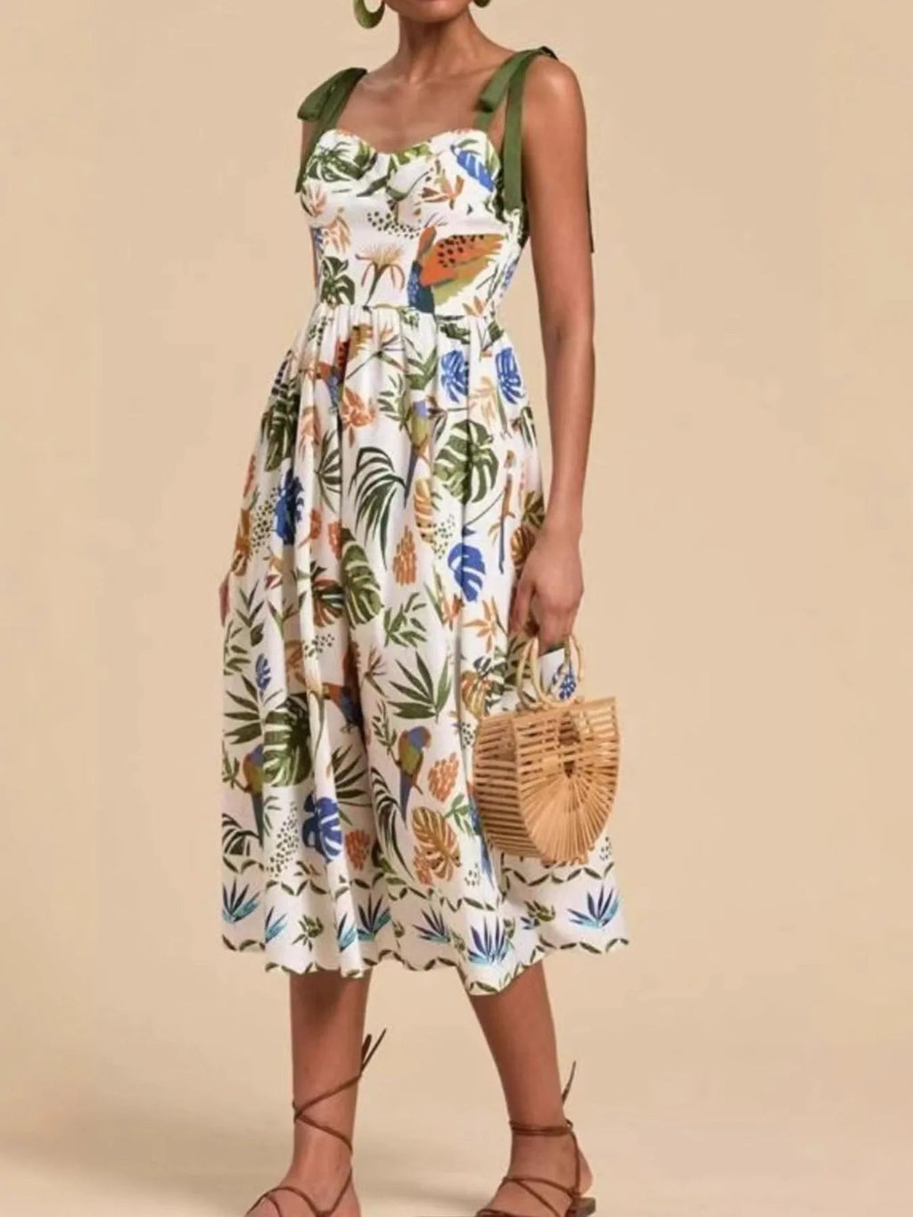 Tropical Print Tie - Shoulder Sweetheart Neck Midi Dress - Home Sweet Resale