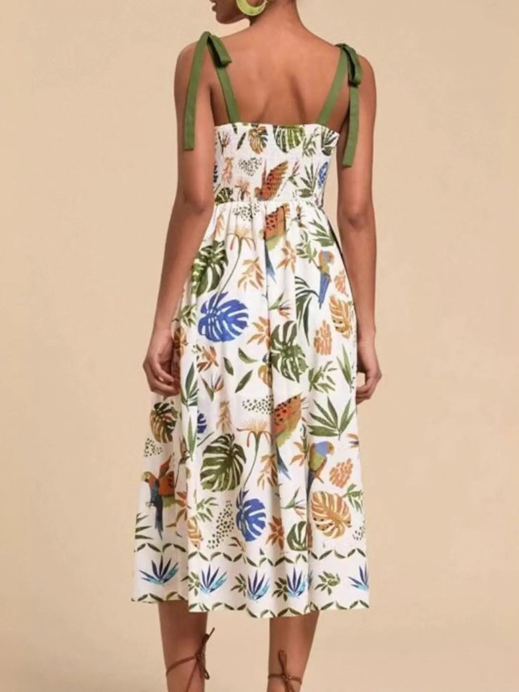 Tropical Print Tie - Shoulder Sweetheart Neck Midi Dress - Home Sweet Resale