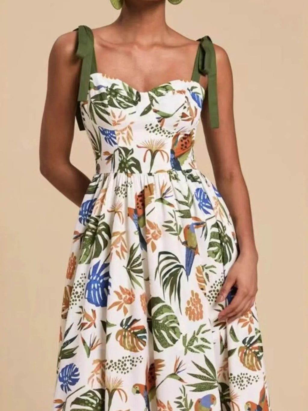 Tropical Print Tie - Shoulder Sweetheart Neck Midi Dress - Home Sweet Resale